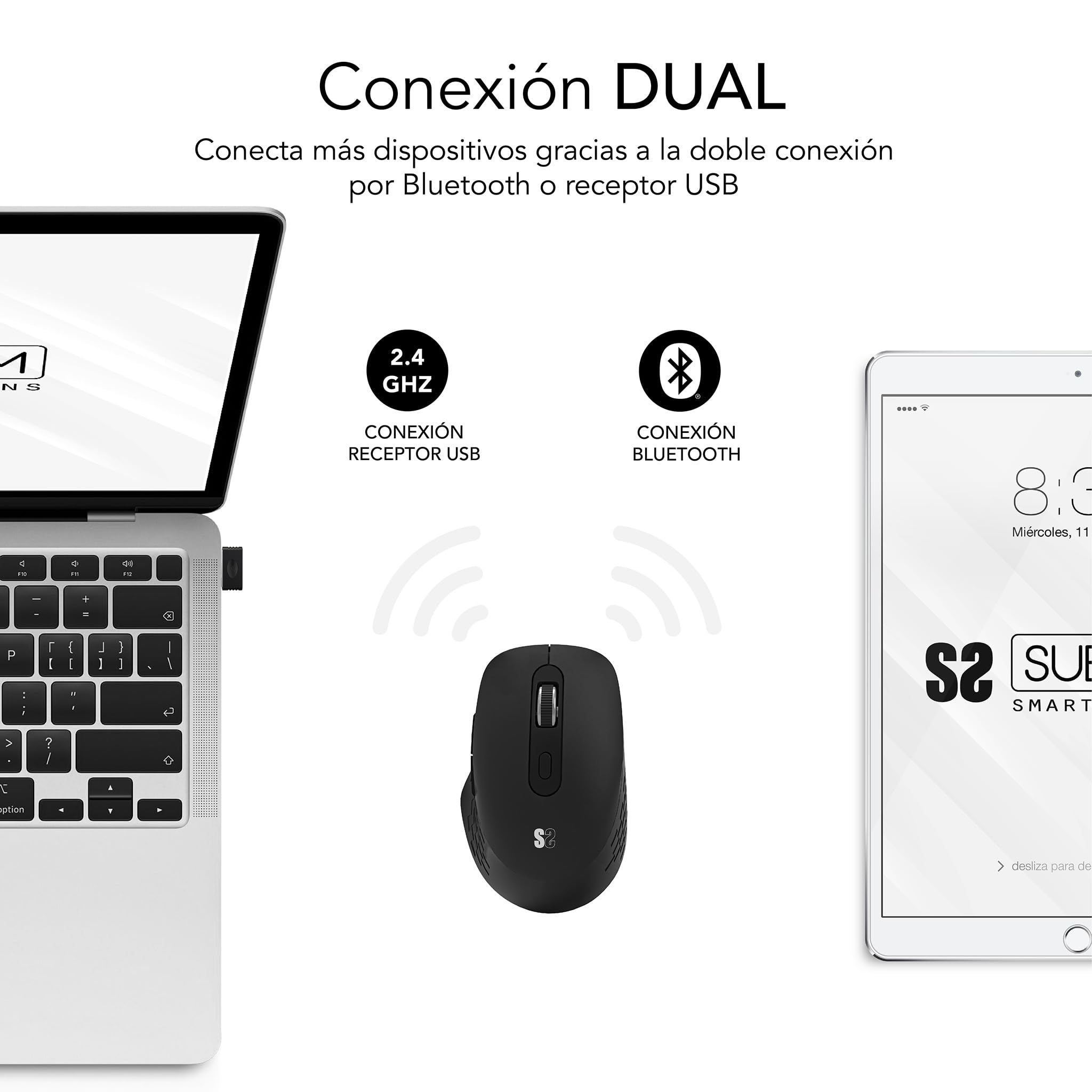 Ratón Ergonómico Inalámbrico por Bluetooth/ 2.4GHz Subblim Curve Ergo Dual Battery/ Batería recargable/ Hasta 1600 DPI/ Negro