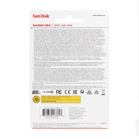 Tarjeta de Memoria SanDisk Ultra 32GB SD HC UHS-I - SDXC/ Clase 10/ 120MBs