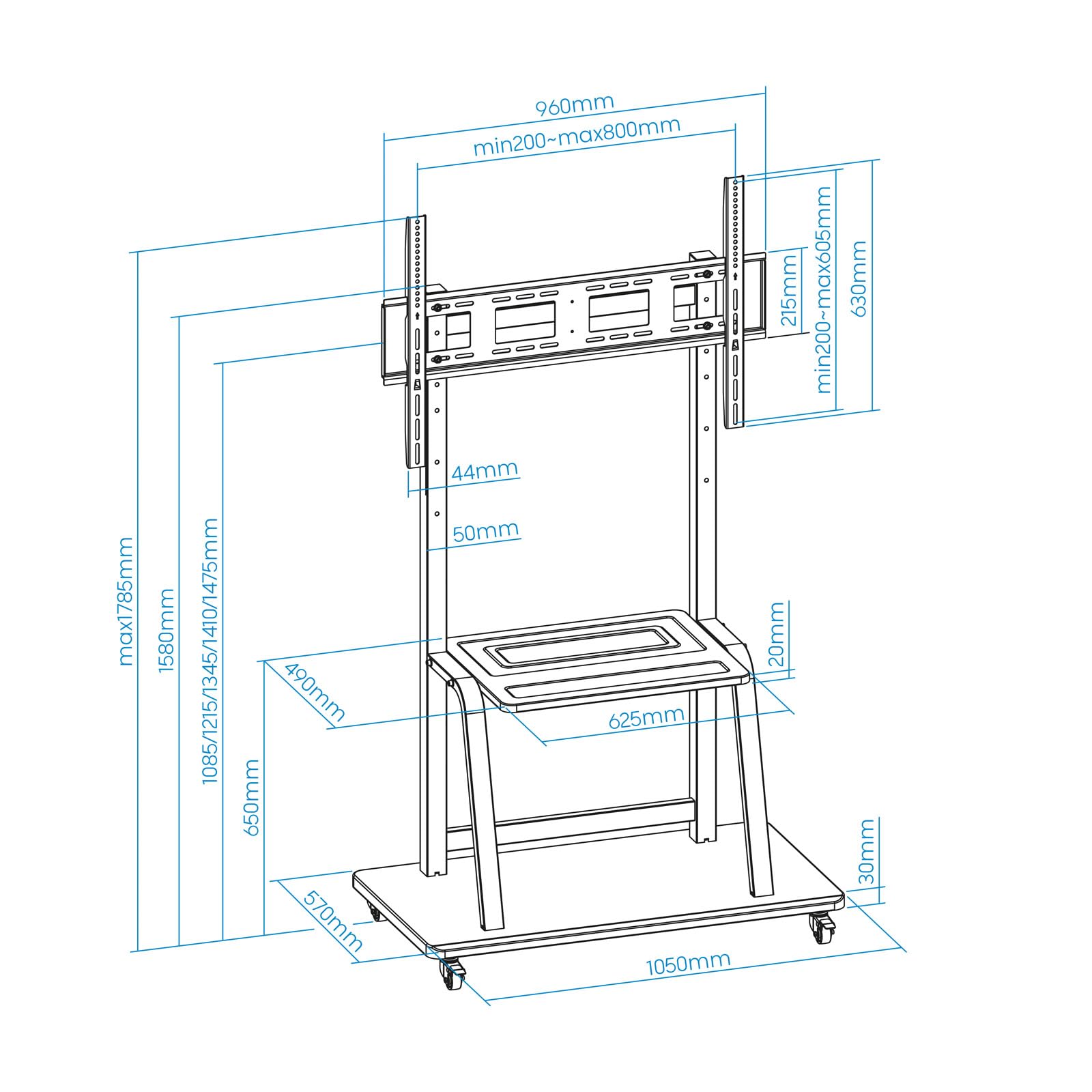 Soporte de Suelo Ajustable con Ruedas TooQ FS20101M-B para TV de 37-100'/ hasta 150kg