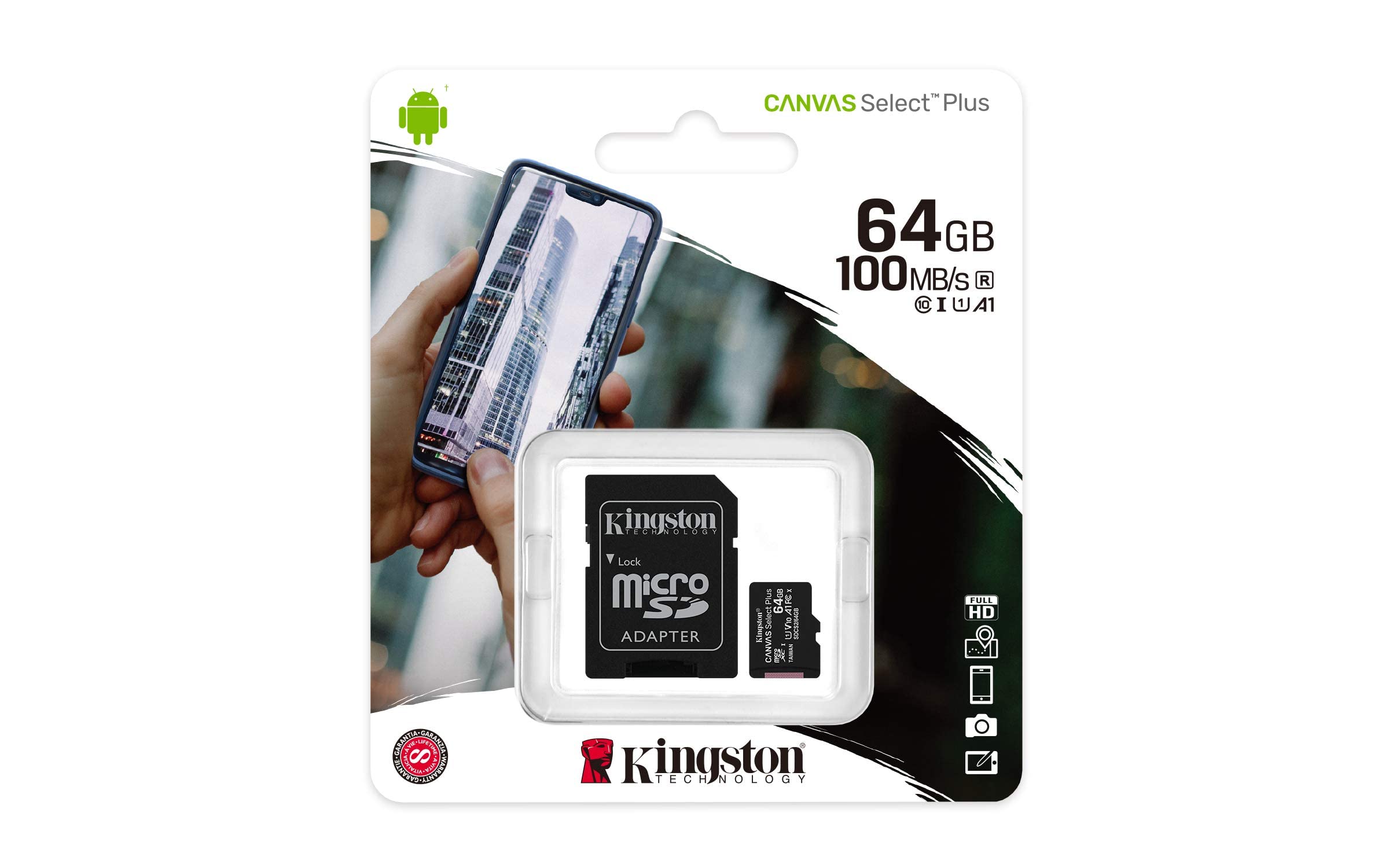 Tarjeta de Memoria Kingston CANVAS Select Plus 64GB microSD XC con Adaptador/ Clase 10/ 100MBs