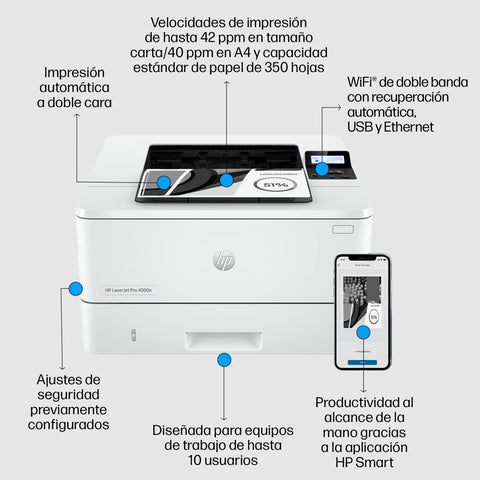 Impresora Láser Monocromo HP Laserjet Pro 4002DN/ Dúplex/ Blanca