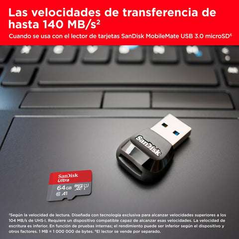 Tarjeta de Memoria SanDisk Ultra 64GB microSD XC con Adaptador/ Clase 10/ 140MBs