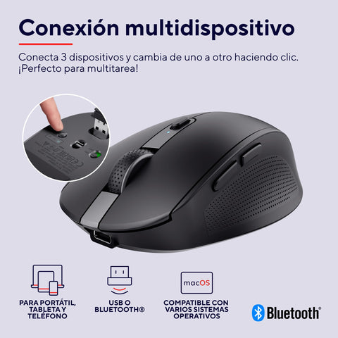 Ratón Inalámbrico por Bluetooth Trust Ozaa Compact Wireless/ Batería recargable/ Hasta 3200 DPI/ Negro