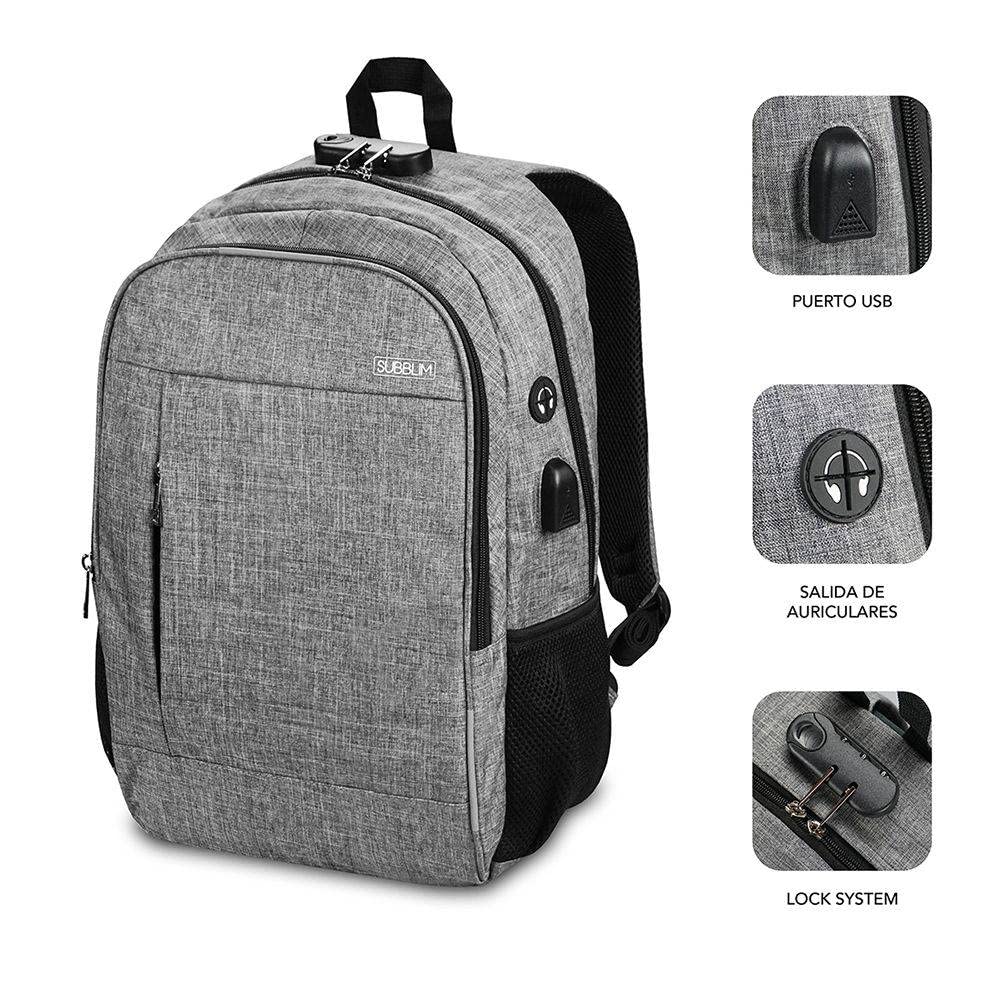 Mochila Subblim Urban Lock para Portátiles hasta 16'/ Puerto USB/ Antirrobo/ Gris