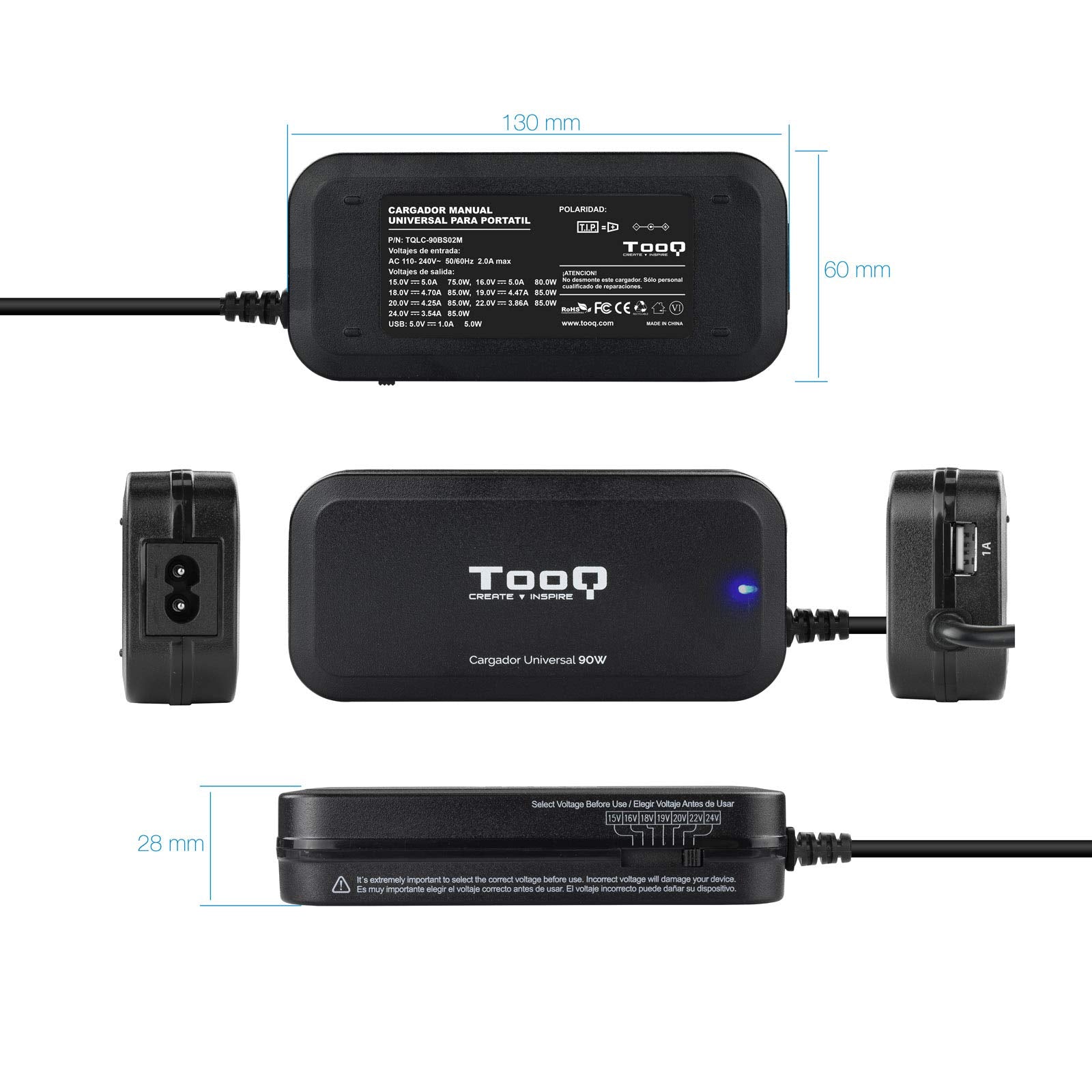 Cargador de Portátil TooQ TQLC-90BS02M/ 90W/ Manual/ 12 Conectores/ Voltaje 15-24V/ 1 USB