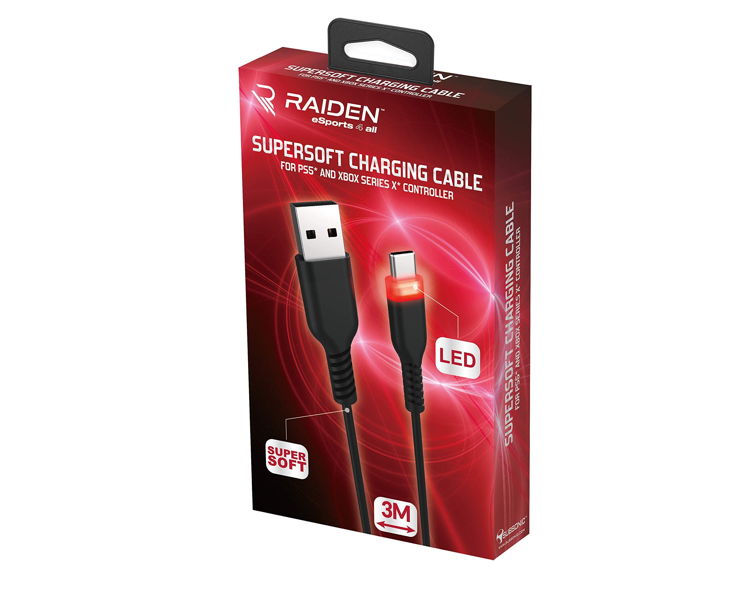 Subsonic Raiden - Cable USB C de carga y transferencia, Supersoft anti nudos de 3 metros, retroiluminación LED para el mando (PS5)