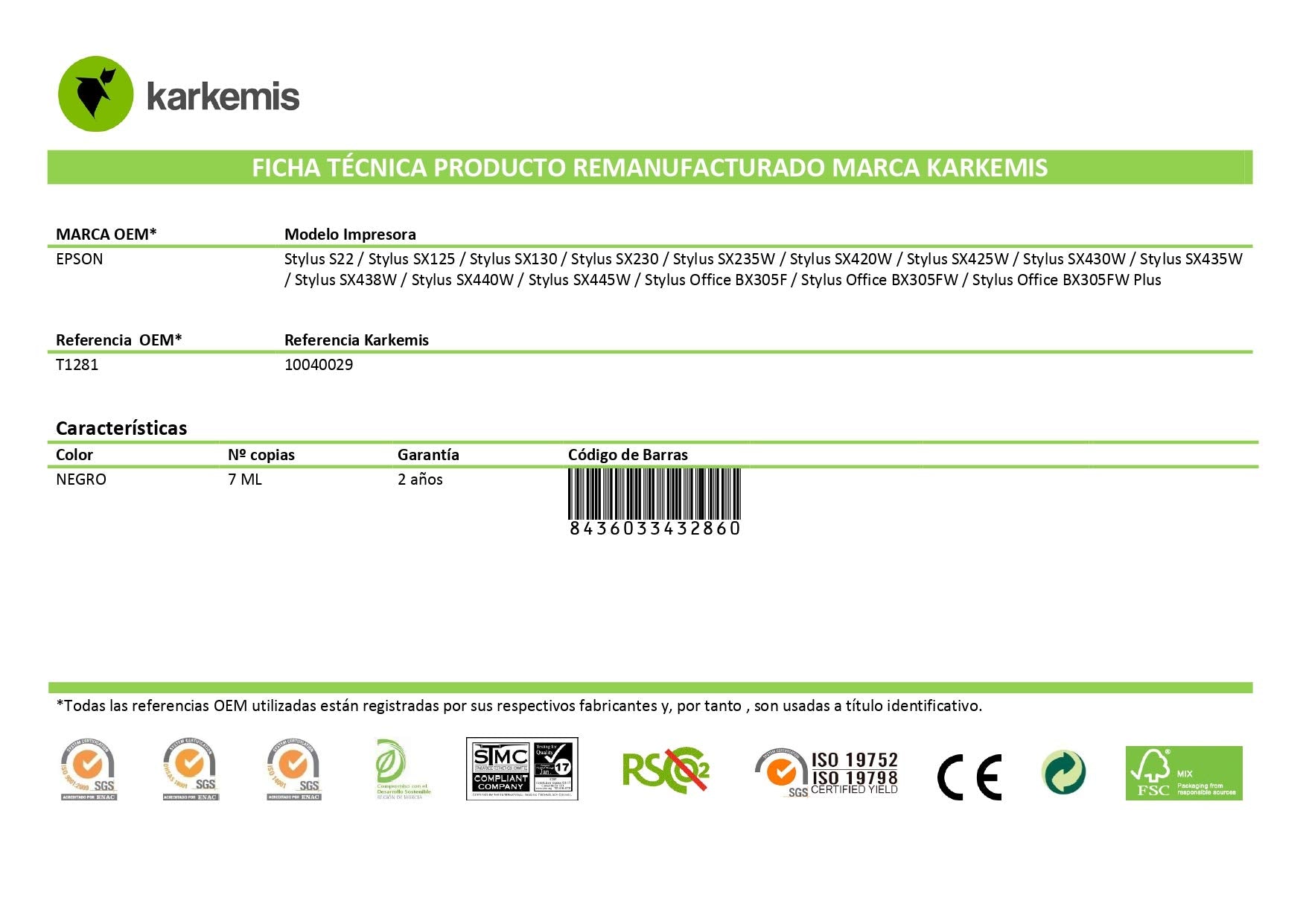 Cartucho de Tinta Reciclado Karkemis Epson T1281/ Negro