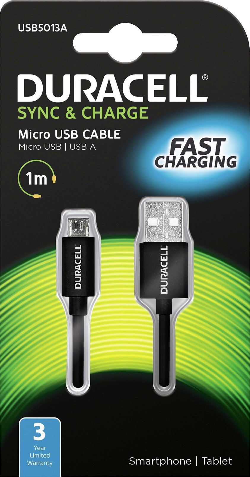 Cable USB 2.0 Duracell USB5013A / USB Macho - MicroUSB Macho/ 1m/ Negro