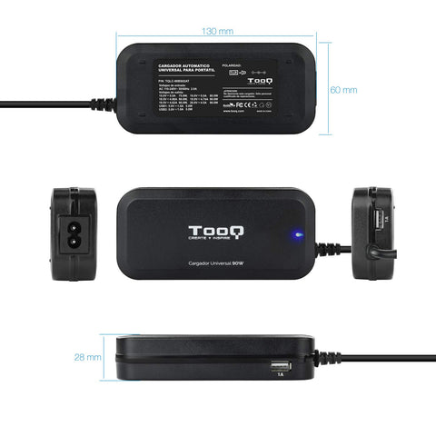 Cargador de Portátil TooQ TQLC-90BS02AT/ 90W/ Automático/ 12 Conectores/ Voltaje 12-20V/ 1 USB