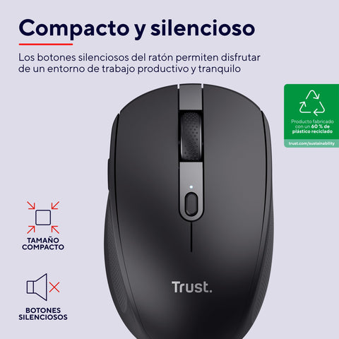 Ratón Inalámbrico por Bluetooth Trust Ozaa Compact Wireless/ Batería recargable/ Hasta 3200 DPI/ Negro