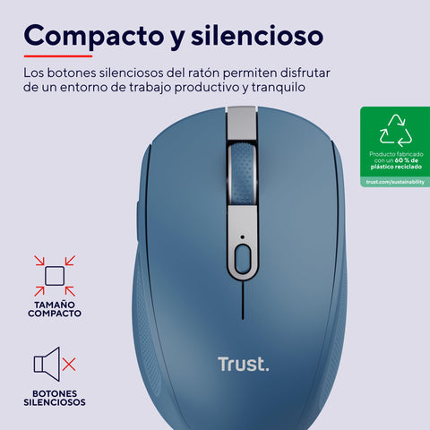 Ratón Inalámbrico por Bluetooth Trust Ozaa Compact Wireless/ Batería recargable/ Hasta 3200 DPI/ Azul