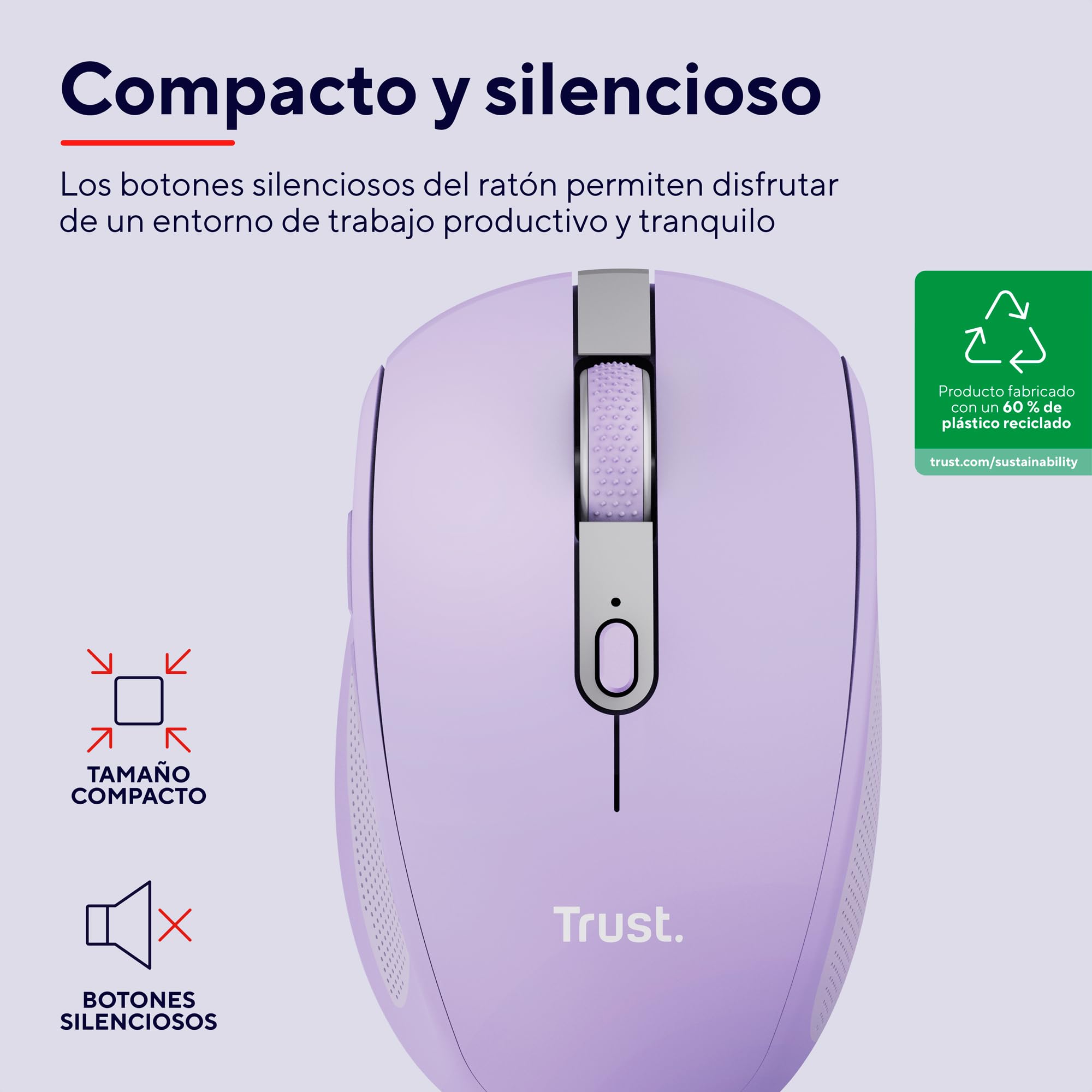 Ratón Inalámbrico por Bluetooth Trust Ozaa Compact Wireless/ Batería recargable/ Hasta 3200 DPI/ Morado