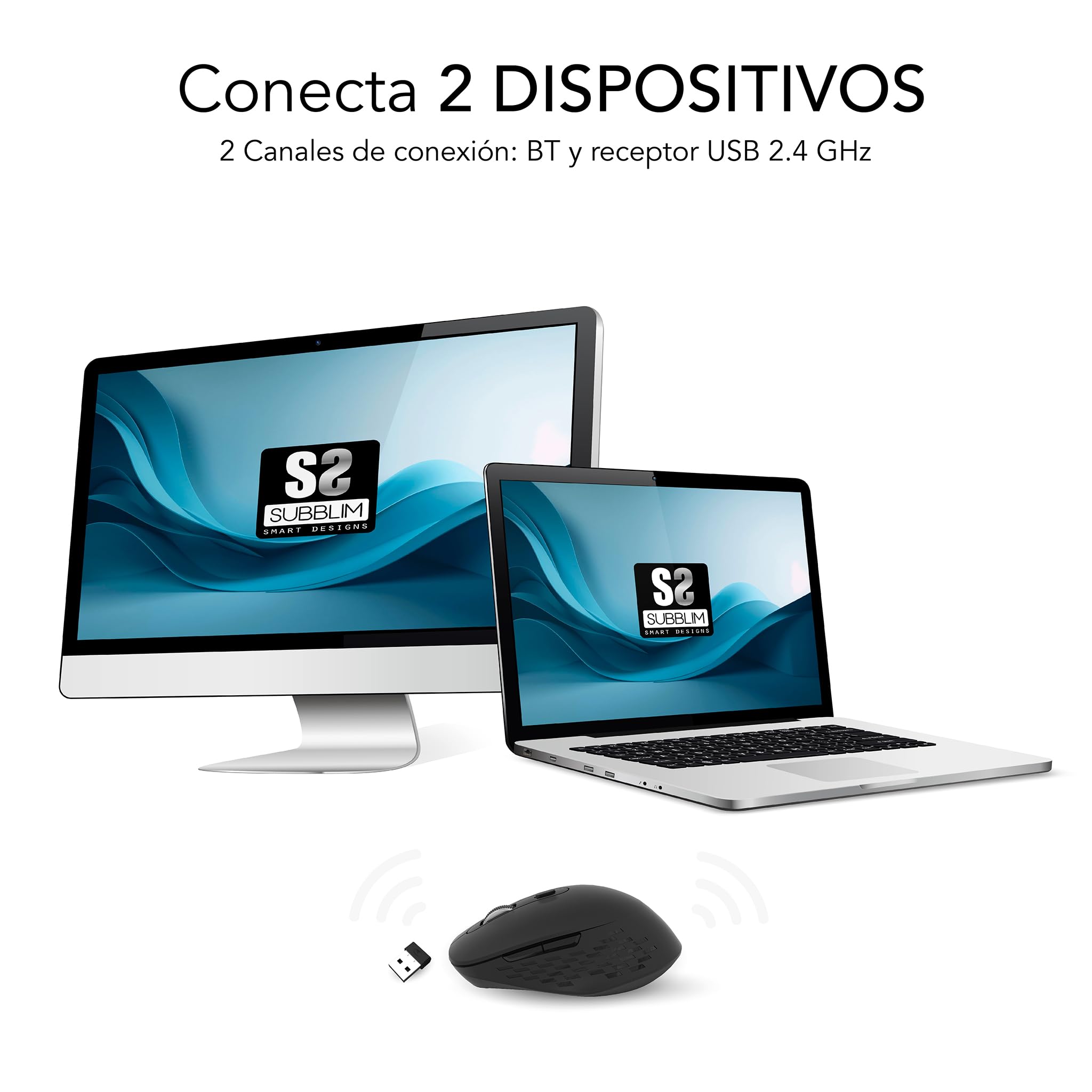 Ratón Ergonómico Inalámbrico por Bluetooth/ 2.4GHz Subblim Curve Ergo Dual Battery/ Batería recargable/ Hasta 1600 DPI/ Negro