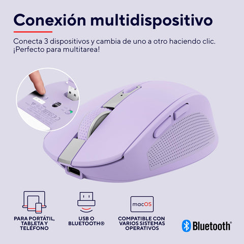 Ratón Inalámbrico por Bluetooth Trust Ozaa Compact Wireless/ Batería recargable/ Hasta 3200 DPI/ Morado