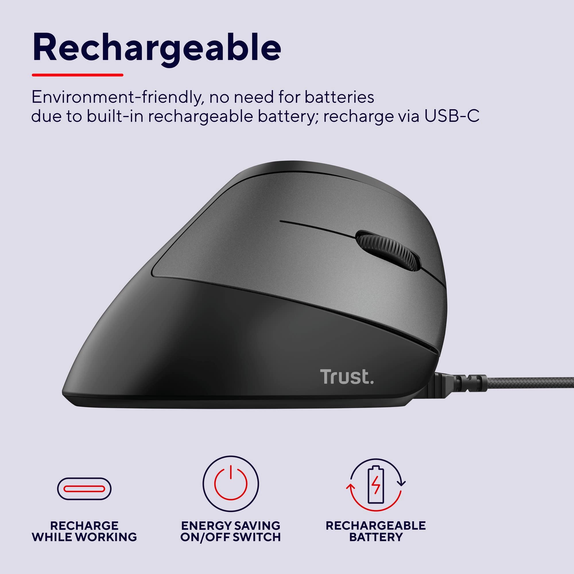 Ratón Ergonómico Inalámbrico Trust Bayo Eco/ Batería recargable/ Hasta 2400 DPI