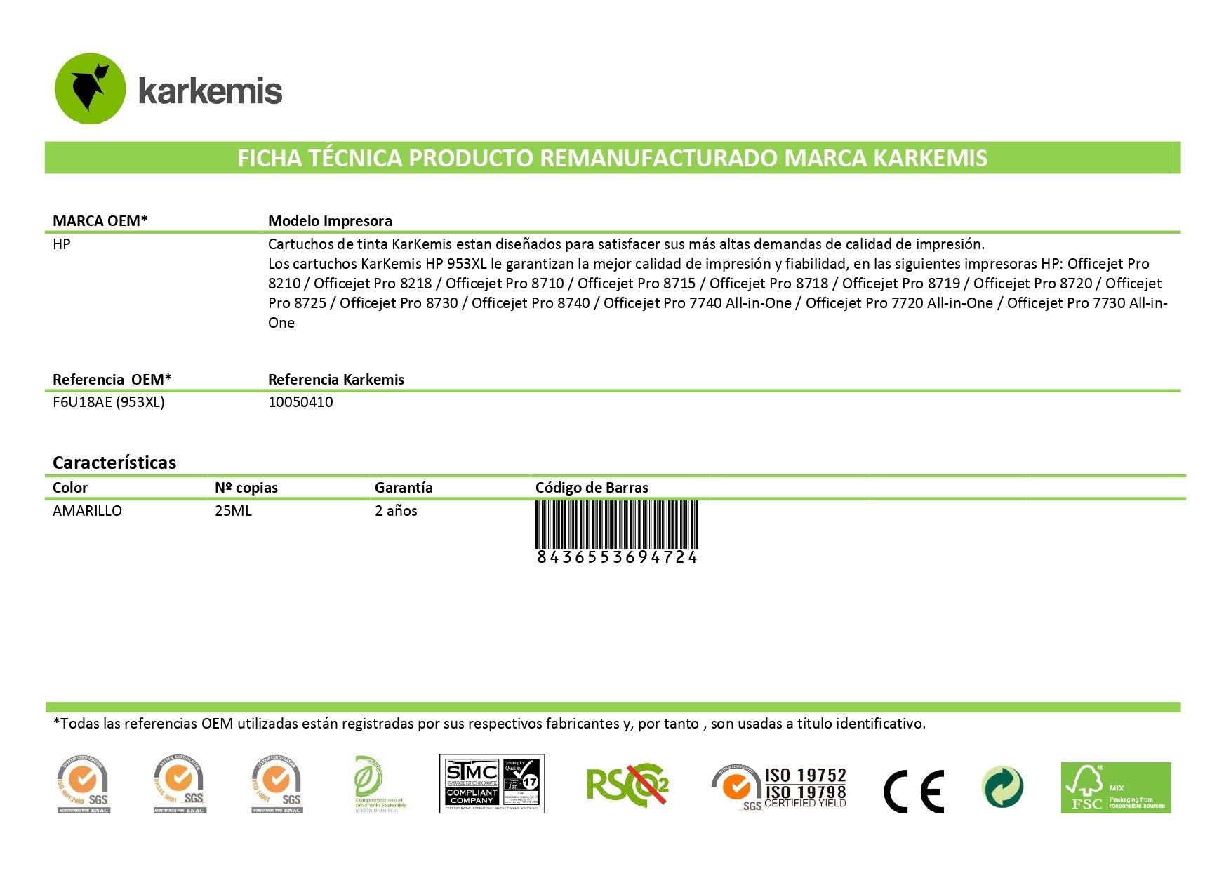 Cartucho de Tinta Reciclado Karkemis HP nº953 XL Alta Capacidad/ Amarillo