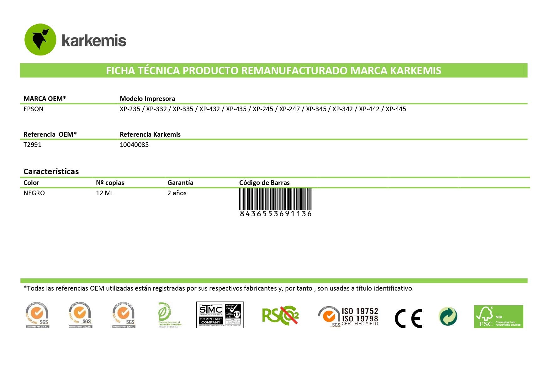 Cartucho de Tinta Reciclado Karkemis Epson T2991 Alta Capacidad/ Negro