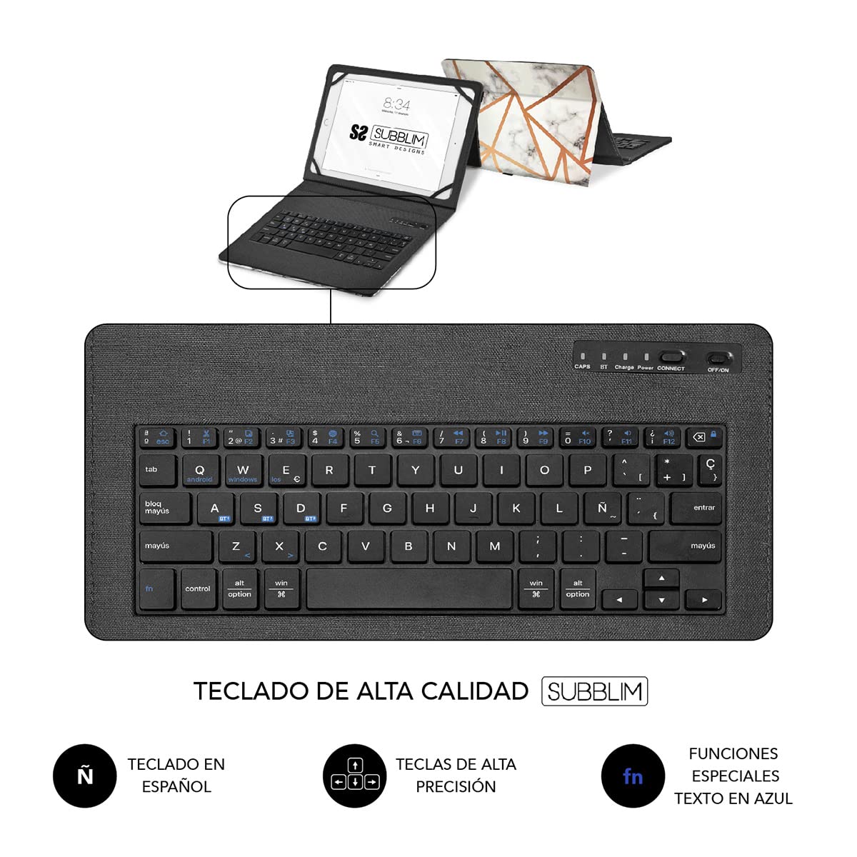 Funda con Teclado Subblim Keytab Pro Bluetooth para Tablets de 9'-11'/ Marmol Blanco