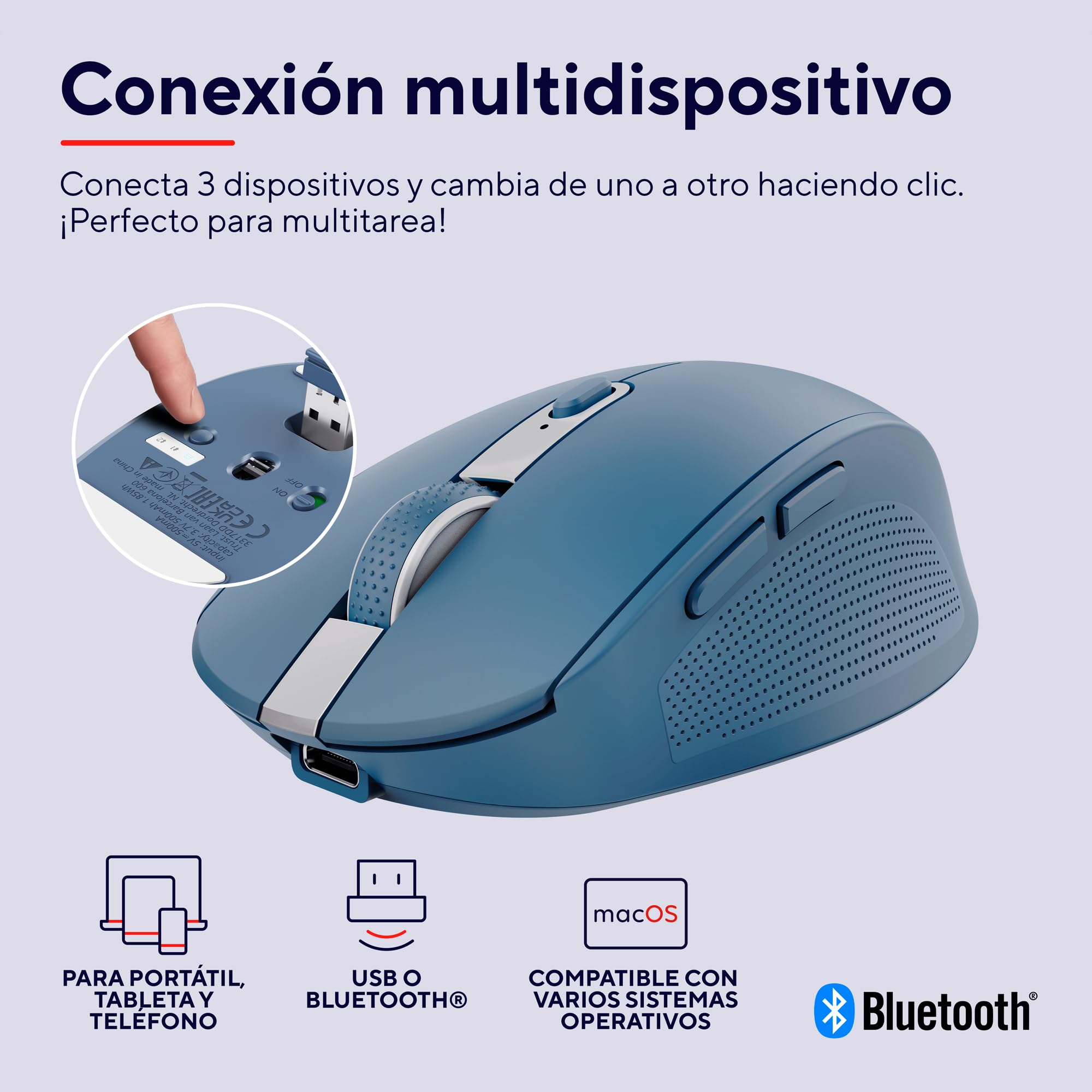 Ratón Inalámbrico por Bluetooth Trust Ozaa Compact Wireless/ Batería recargable/ Hasta 3200 DPI/ Azul