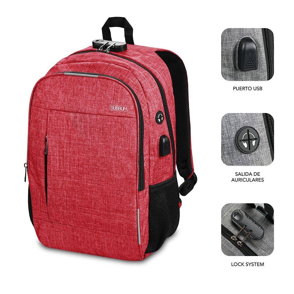 Mochila Subblim Urban Lock para Portátiles hasta 16'/ Puerto USB/ Antirrobo/ Rojo