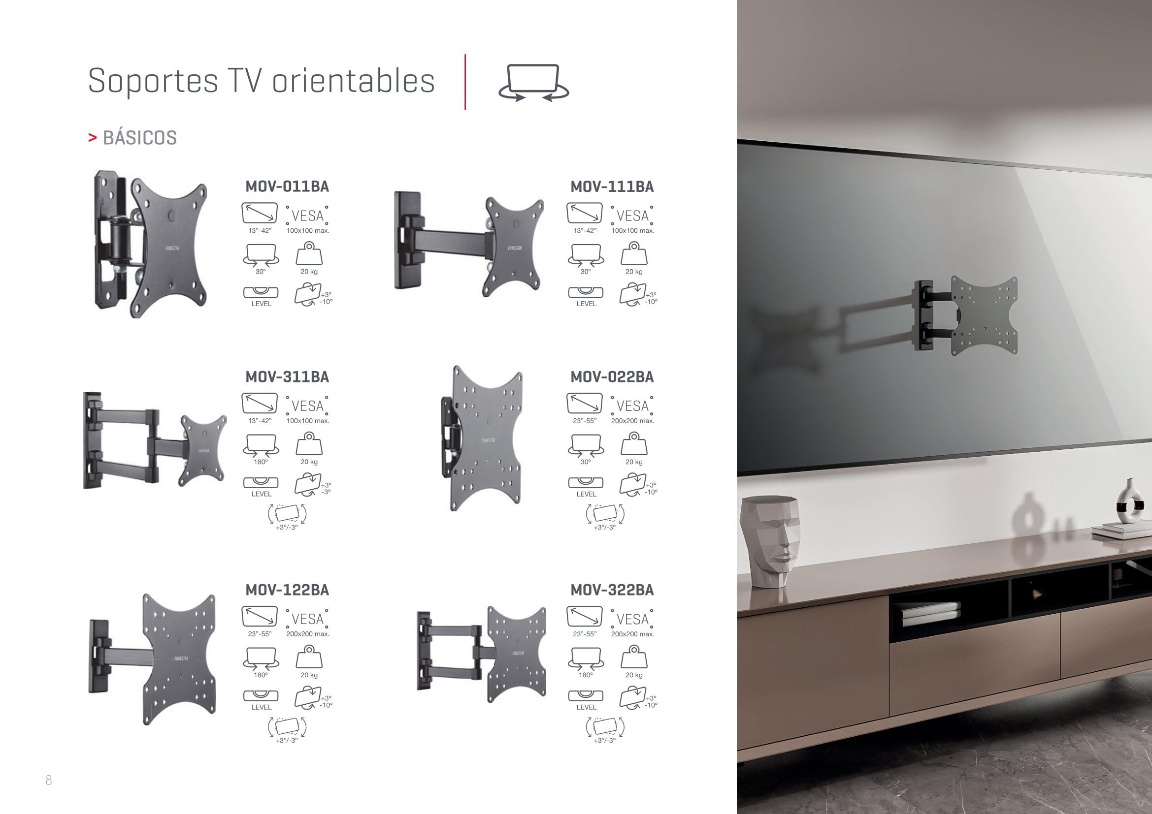 Soporte de Pared Orientable Fonestar MOV-322BA para TV de 23-55'/ hasta 20kg