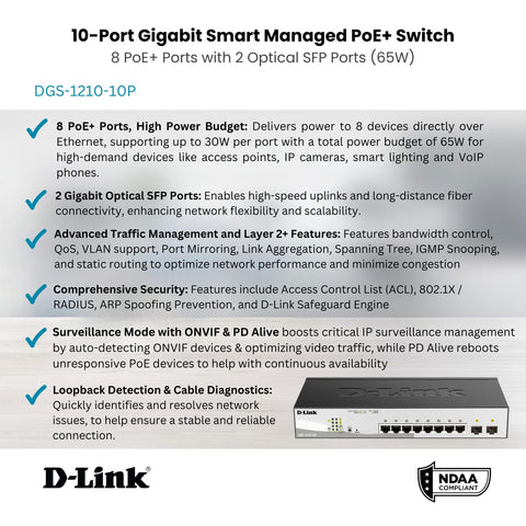 Switch D-Link DGS-1210-10P 10 Puertos/ RJ-45 Gigabit 10/100/1000 PoE/ SFP