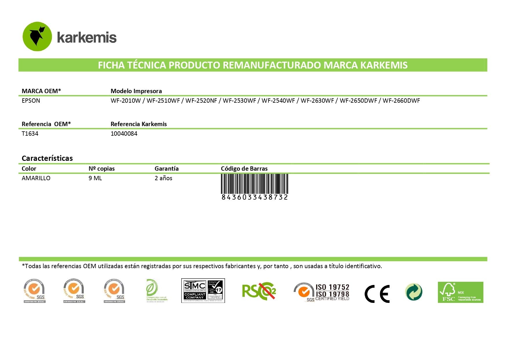 Cartucho de Tinta Reciclado Karkemis Epson T1634 Alta Capacidad/ Amarillo