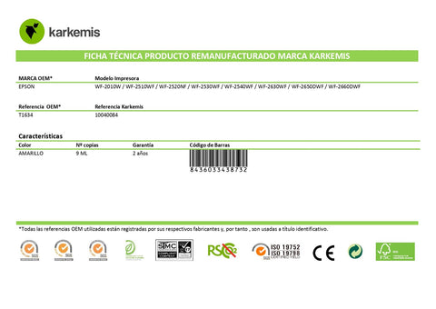 Cartucho de Tinta Reciclado Karkemis Epson T1634 Alta Capacidad/ Amarillo