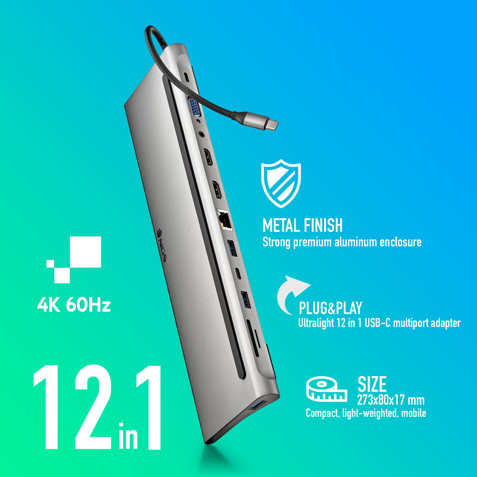 Docking USB Tipo-C NGS WonderDock12/ 3xUSB/ 2xHDMI/ 1xVGA/ 1xRJ45/ 1xLector de Tarjetas/ 1xJack 3.5/ 1xUSB Tipo-C PD/ Gris