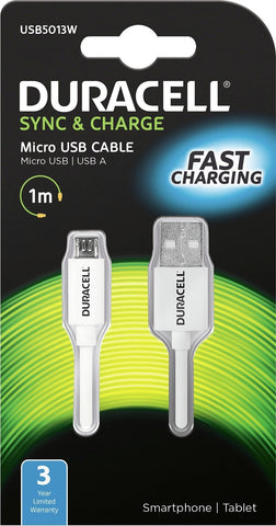 Cable USB 2.0 Duracell USB5013W/ USB Macho - MicroUSB Macho/ 1m/ Blanco