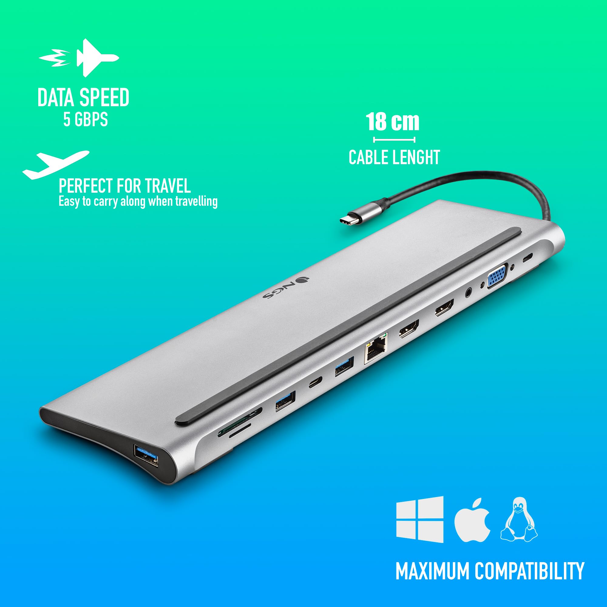 Docking USB Tipo-C NGS WonderDock12/ 3xUSB/ 2xHDMI/ 1xVGA/ 1xRJ45/ 1xLector de Tarjetas/ 1xJack 3.5/ 1xUSB Tipo-C PD/ Gris