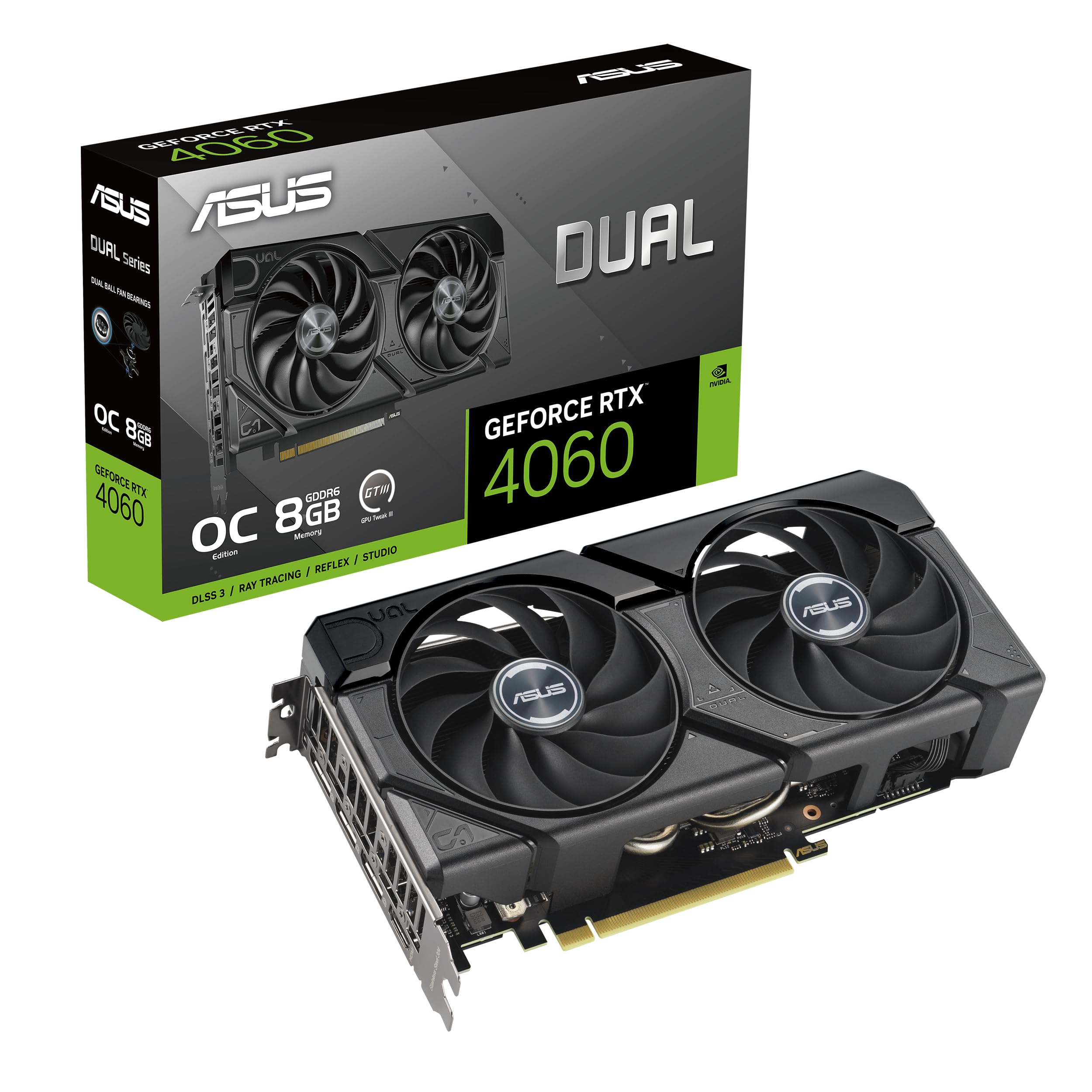 ASUS Dual GeForce RTX 4060 EVO OC Edition 8GB GDDR6 (PCIe 4.0, 8GB GDDR6, DLSS 3, HDMI 2.1a, DisplayPort 1.4a, diseño de Ventilador Axial-Tech, tecnología 0dB, Dual BIOS, tecnología Auto-Extreme)