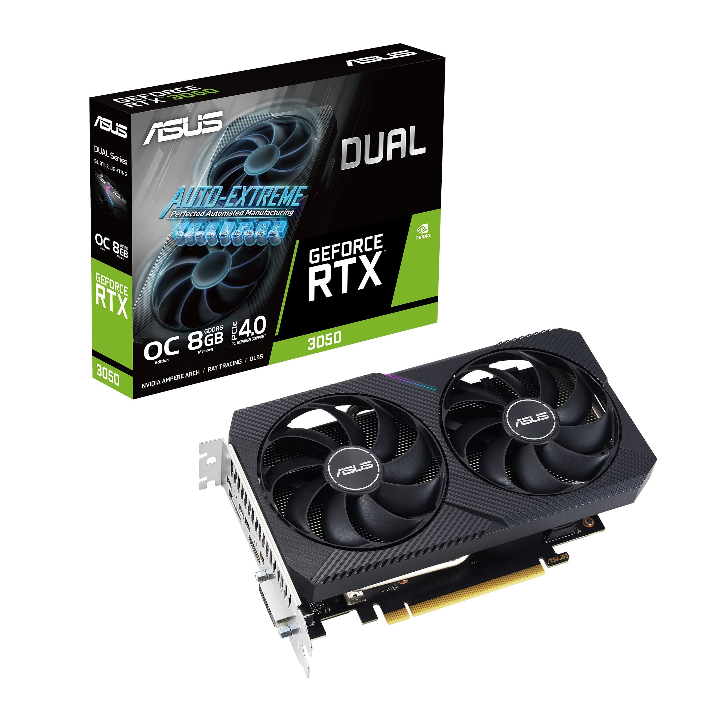 Asus Dual NVIDIA GeForce RTX 3050 V2 OC Edition Tarjeta gráfica Gaming (PCIe 4.0, 8 GB de Memoria GDDR6, HDMI 2.1, DisplayPort 1.4a, DVI-D, diseño de 2 Ranuras, Axial-Tech, tecnología 0dB)