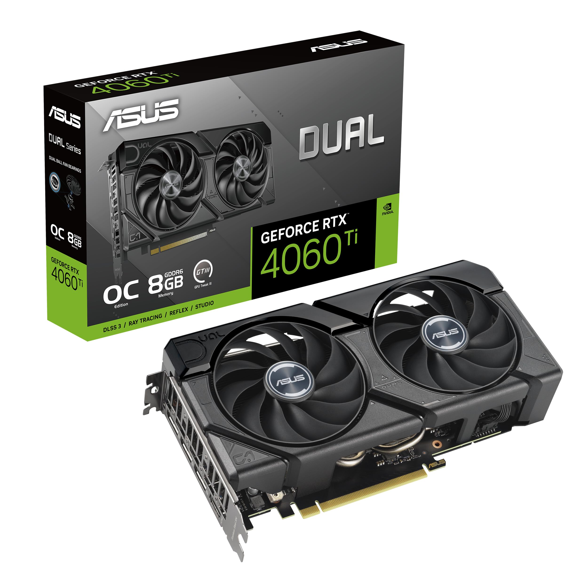 ASUS Dual GeForce RTX 4060 Ti EVO OC Edition 8GB GDDR6 (PCIe 4.0, 8GB GDDR6, DLSS 3, HDMI 2.1a, DisplayPort 1.4a, Ventilador Axial-Tech, tecnología 0dB, Placa Posterior Protectora, Auto-Extreme)