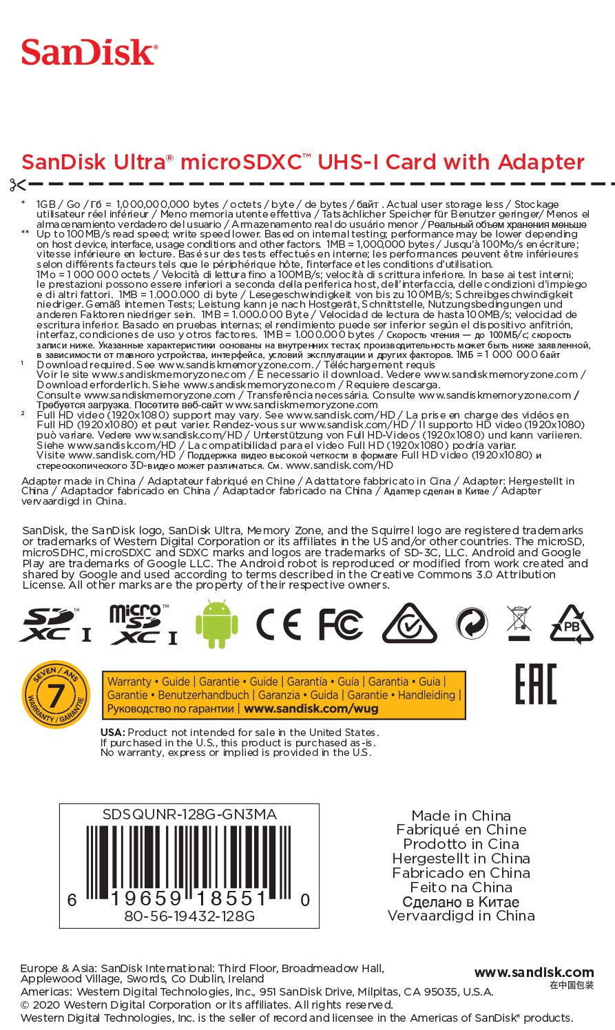 Tarjeta de Memoria SanDisk Ultra 128GB microSD XC con Adaptador/ Clase 10/ 80MB/s