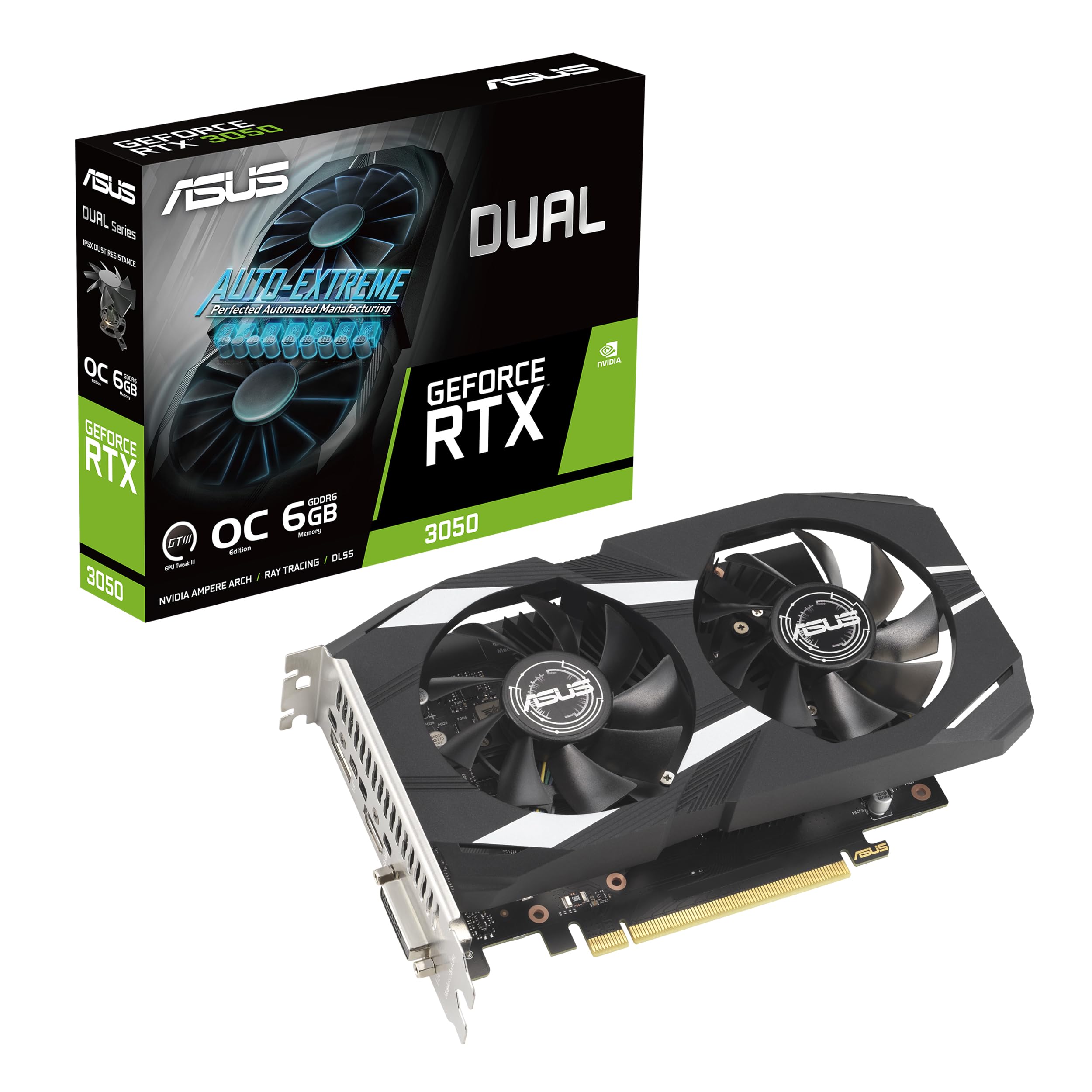 ASUS Dual GeForce RTX 3050 OC Edition 6GB GDDR6 (Resistencia al Polvo IP5X, Soporte de Acero Inoxidable, PCIe 4.0, DLSS 3, HDMI 2.1, DisplayPort 1.4a, DVI-D)