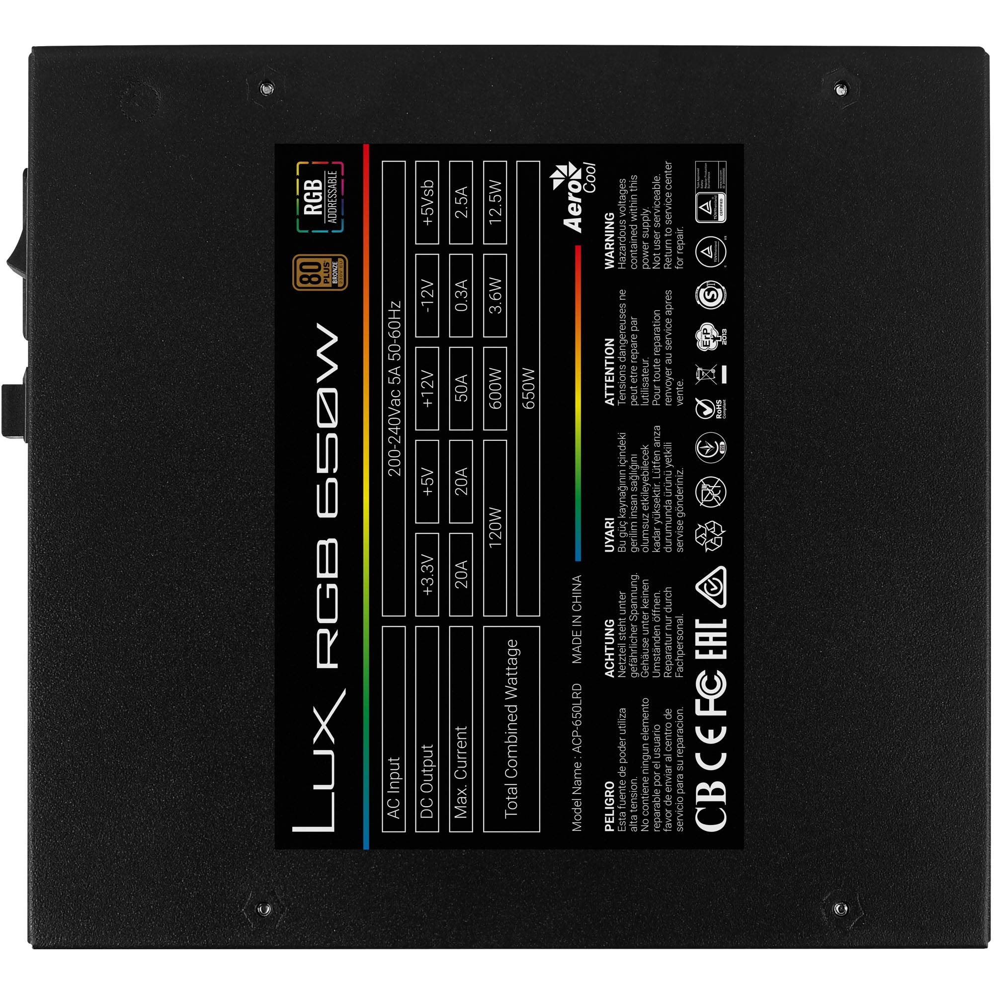 Fuente de Alimentación Aerocool LUX RGB 650M/ 650W/ Ventilador 12cm/ 80 Plus Bronze