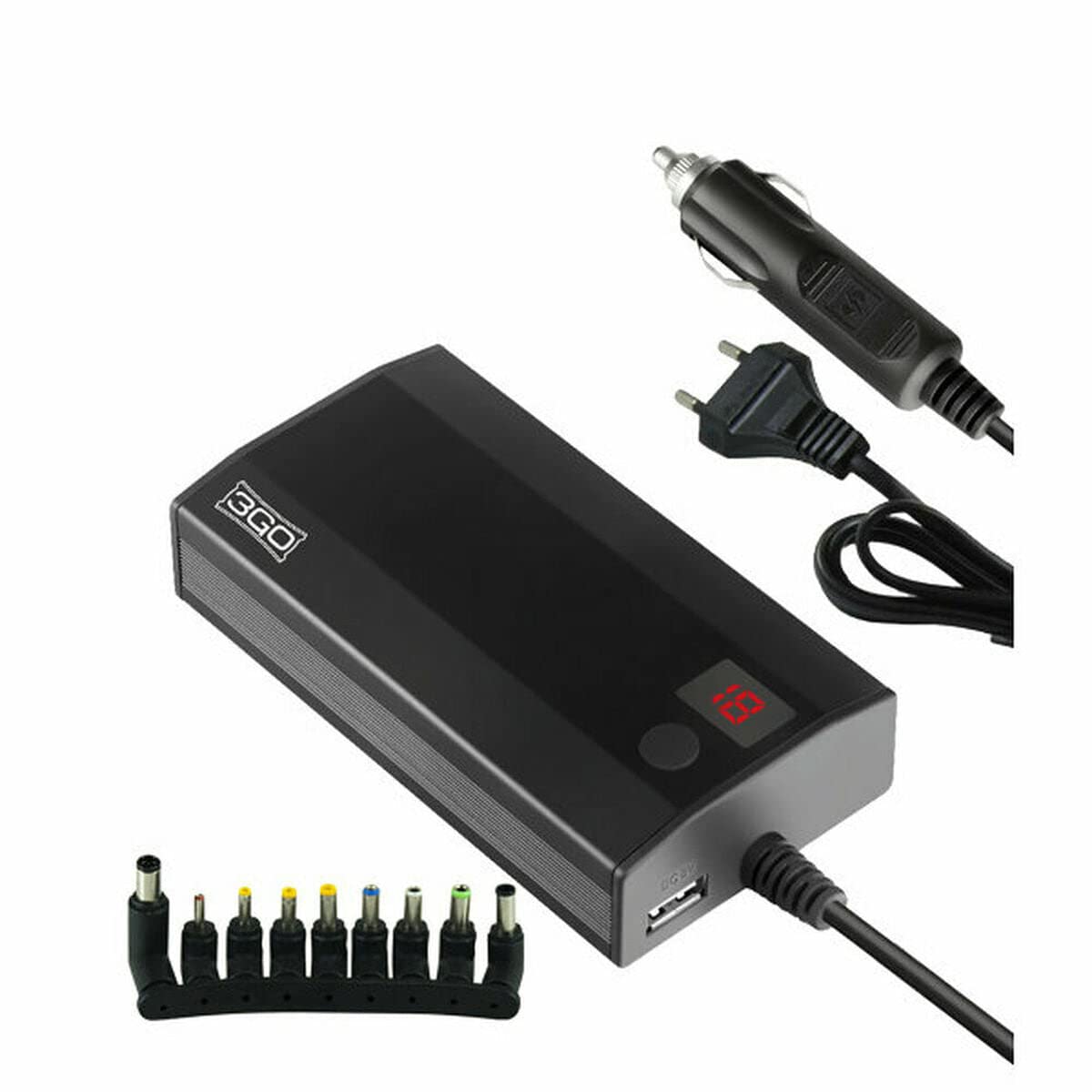 Cargador de Portátil 3GO Alim90C2/ 90W/ Manual/ 9 Conectores/ Voltaje 12-20V/ 1 USB/ con Adaptador para Coche