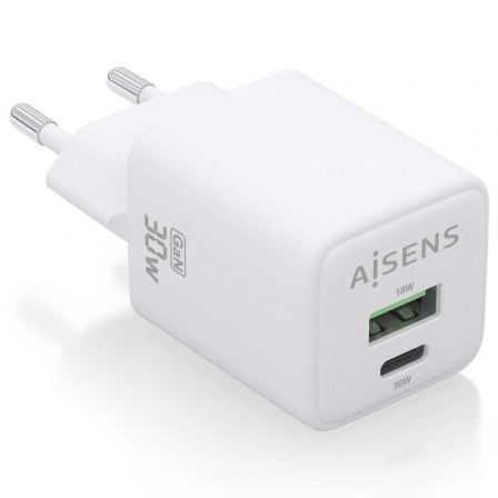 Cargador Gan de Pared Aisens ASCH-30W2P037-W/ 1xUSB Tipo-C/ 1xUSB/ 30W