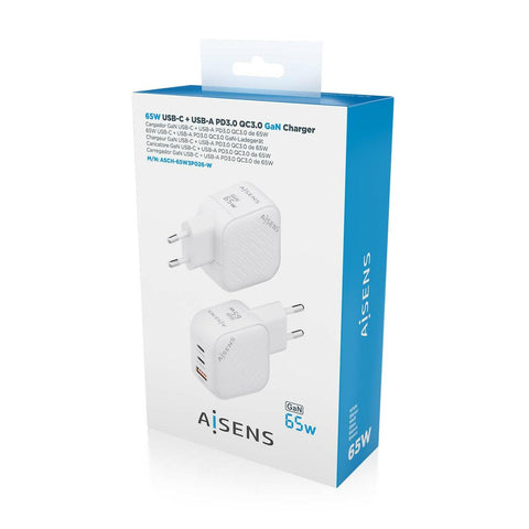 Cargador Gan de Pared Aisens ASCH-65W3P026-W/ 2xUSB Tipo-C/ 1xUSB/ 65W