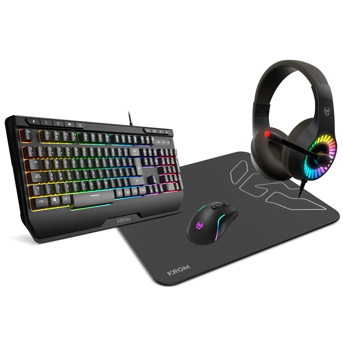 Pack Gaming Krom kenya/ Teclado RGB + Ratón Óptico + Alfombrilla + Auriculares