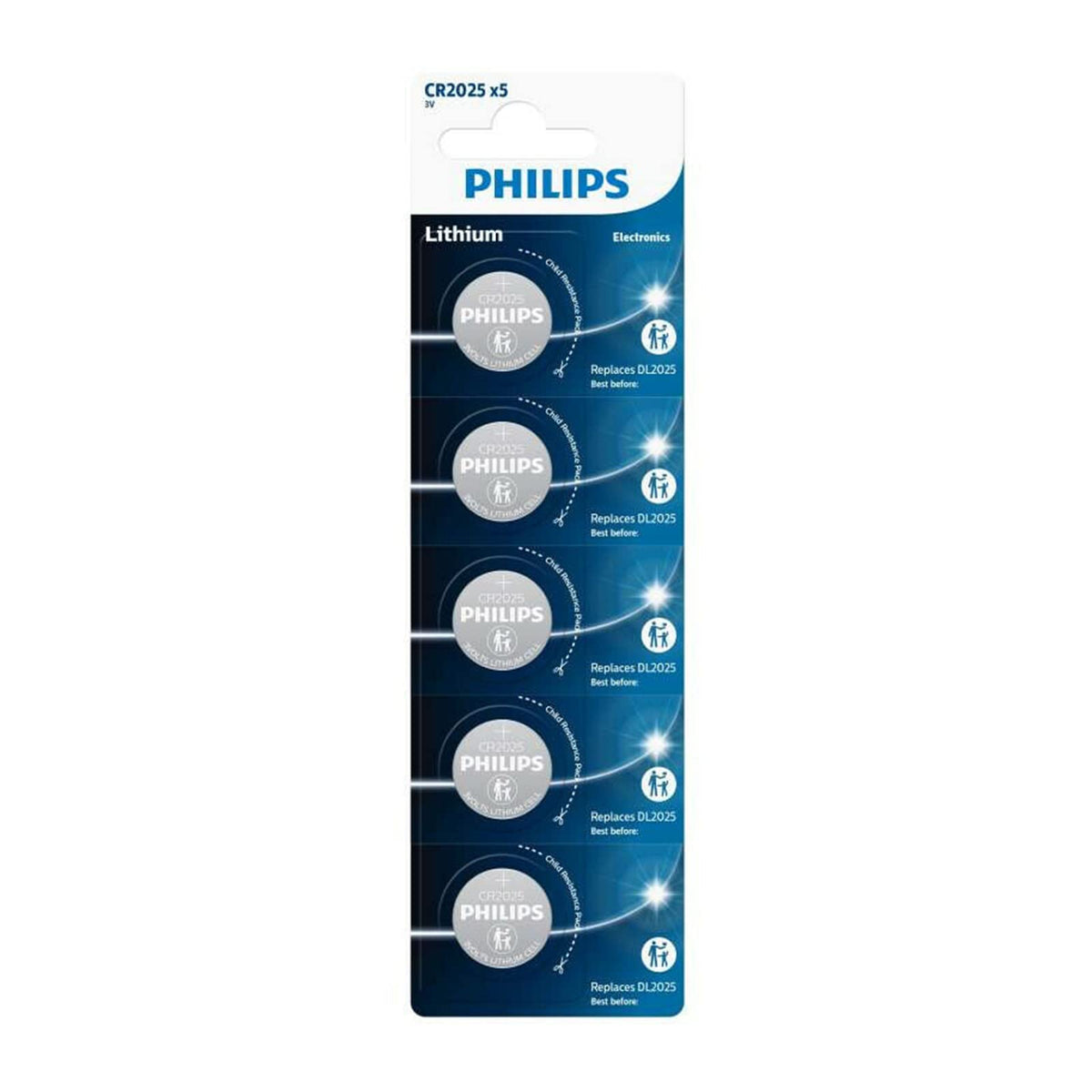 Pack de 5 Pilas de Botón Philips CR2025P5/01B Lithium/ 3V