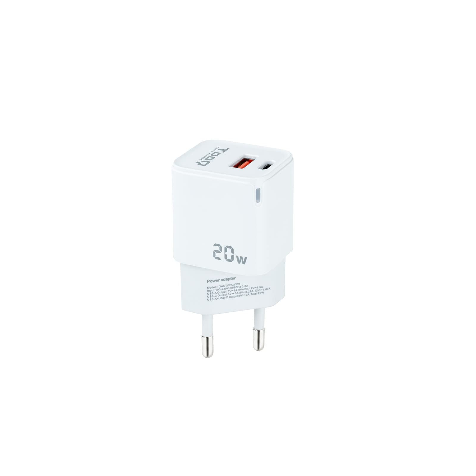 Cargador de Pared TooQ TQWC-QCPD20WT/ 1xUSB-Tipo C/ 1x USB/ 20W/ Blanco