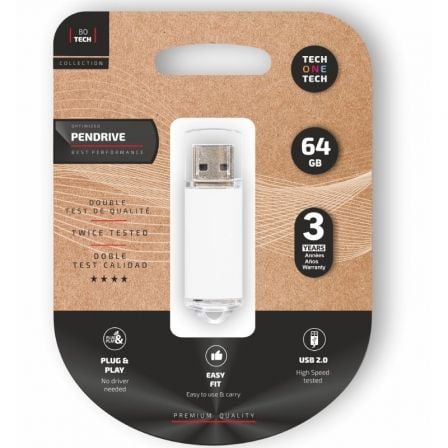 Pendrive 64GB Tech One Tech Basic USB 2.0/ Blanco