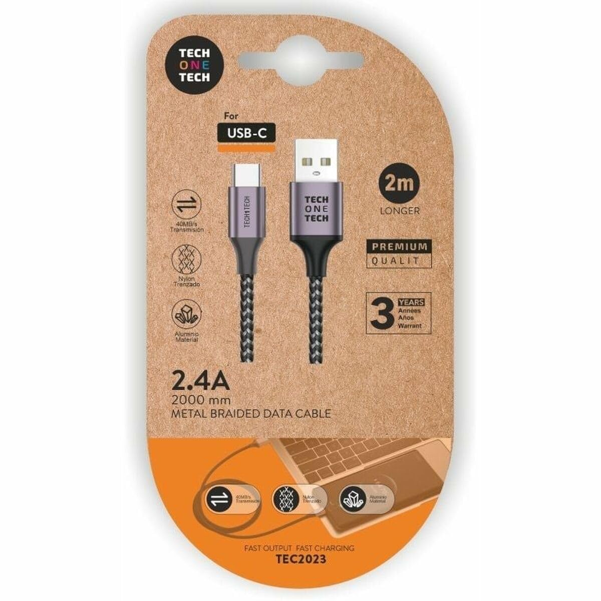 Cable USB 2.0 Tipo-C Tech One Tech TEC2023/ USB Tipo-C Macho - USB Macho/ 2m/ Gris