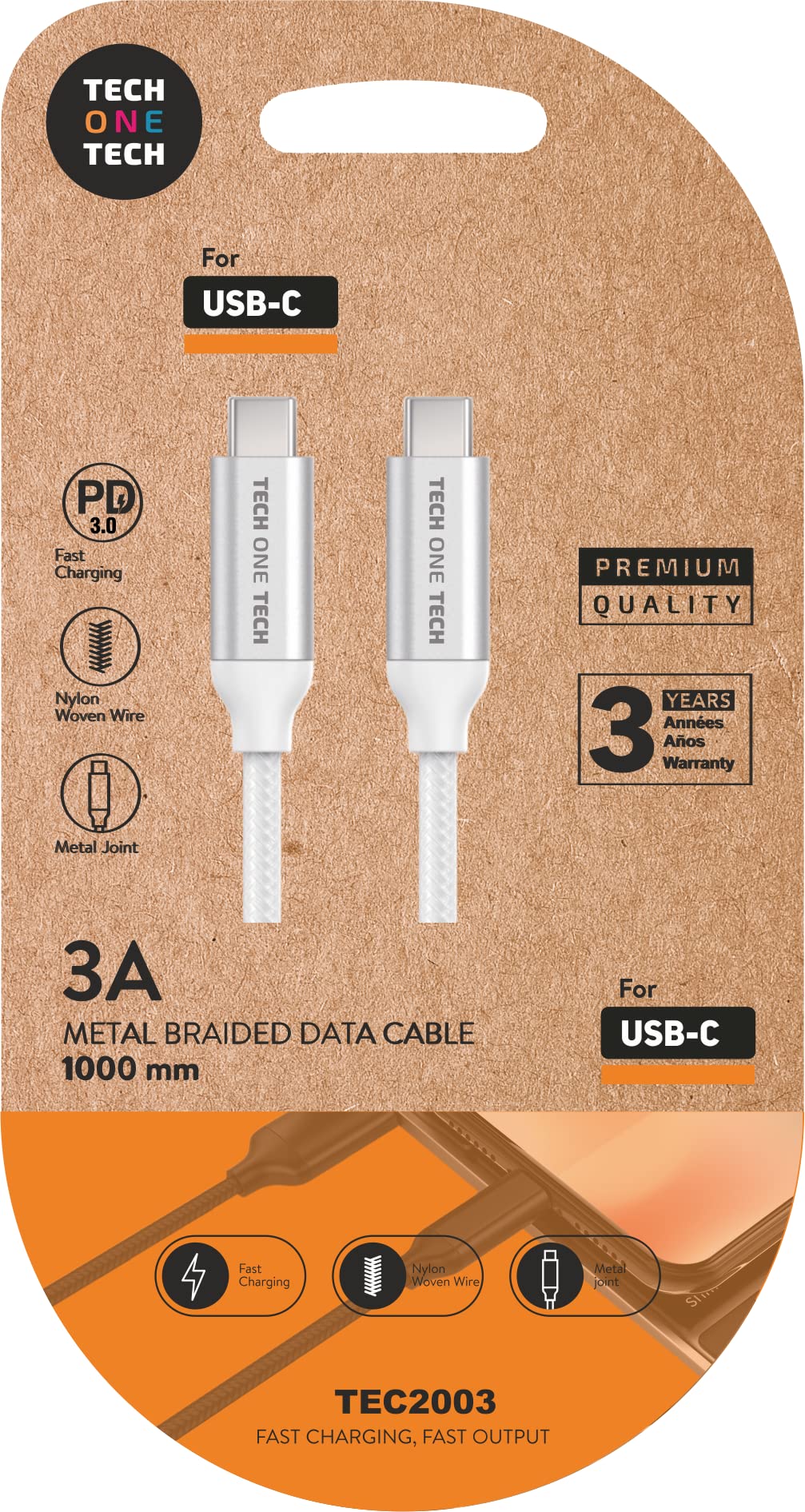 Cable USB 2.0 Tipo-C Tech One Tech TEC2204/ USB Tipo-C Macho - USB Tipo-C Macho/ 1m/ Blanco