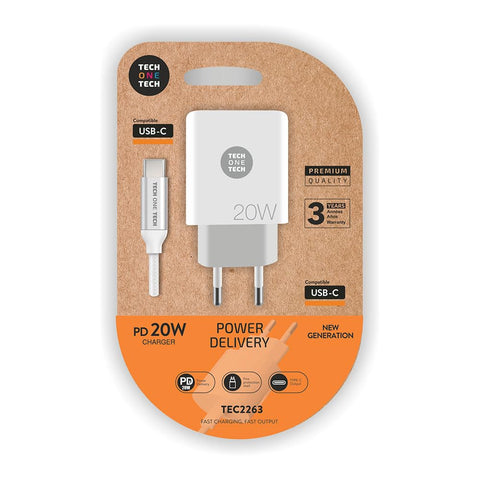 Cargador de Pared Tech One Tech TEC2263/ 1xUSB Tipo-C + Cable USB Tipo-C/ 3A/ Blanco