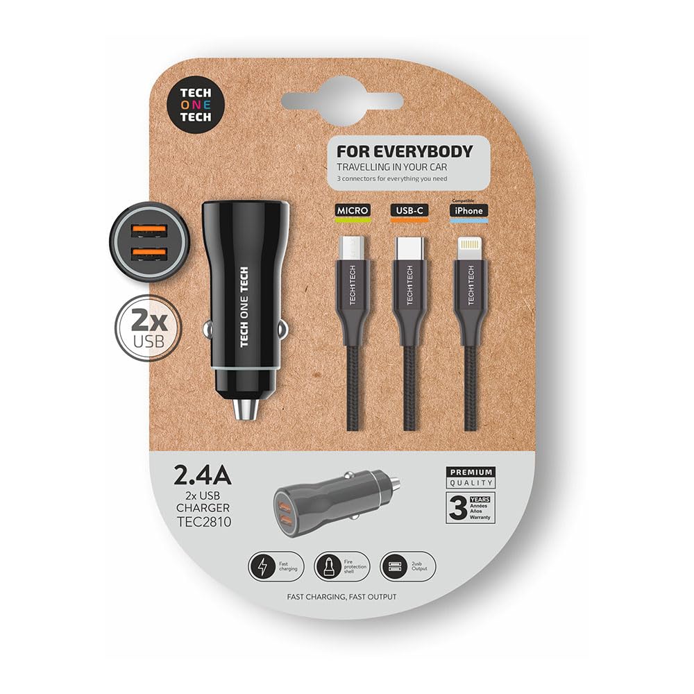 Cargador de Coche Tech One Tech TEC2810/ 2xUSB + Cable 3 en 1/ 2.4A